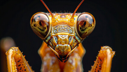 Extreme macro portrait of an orange praying mantis head showing detailed compound eyes and face against a dark background