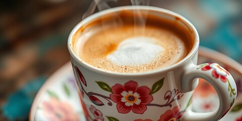 Steaming cappuccino in floral-patterned mug, close-up,   cup,  latte art