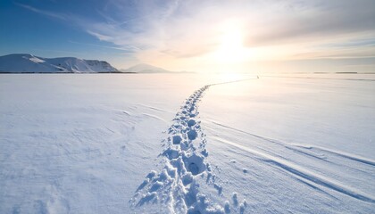 Footsteps trail on snowy landscape leading into horizon