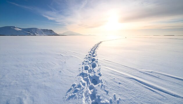 Footsteps trail on snowy landscape leading into horizon