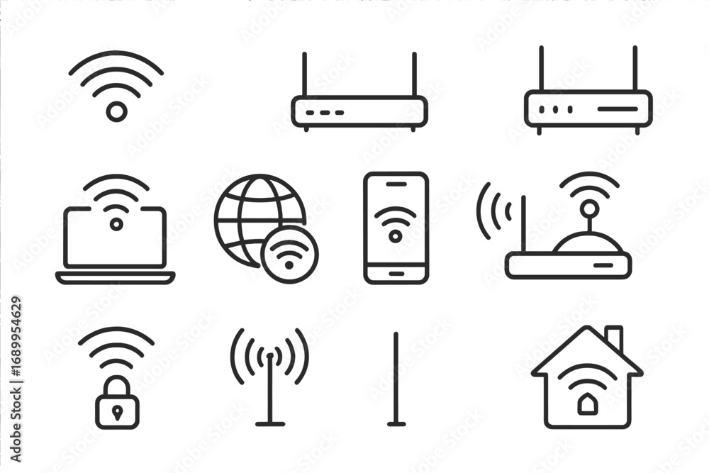 Aufkleber wifi and router thin line icon set. wireless internet connection signs for web design. technology ou