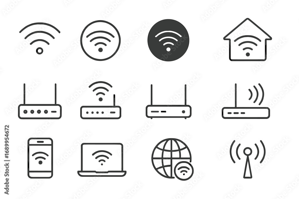 Fototapete wifi and router thin line icon set. wireless internet connection, network signal, and technology sym