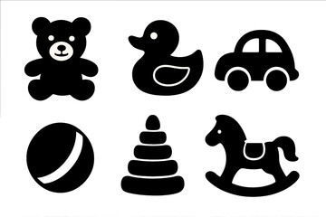Simple black toy silhouette icon set. Vector collection for kids' design. Teddy bear, rocking horse, duck, car, ball, pyramid. Minimalist childhood graphic elements for playtime.