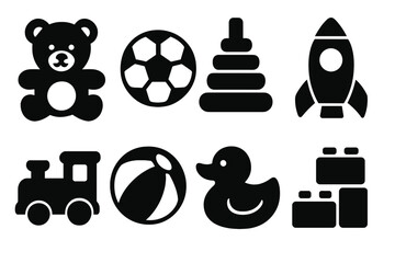 Toy icon set vector. Simple black silhouette collection. Childhood playtime objects. Kids toys graphics. Teddy bear, ball, rocket, train, duck, blocks, pyramid. Baby goods.