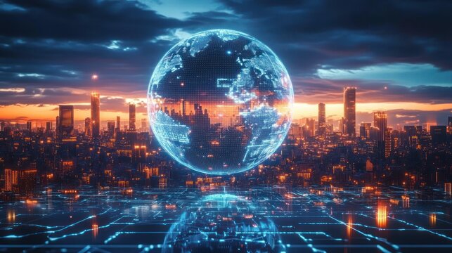 Futuristic city skyline at sunset with a glowing digital holographic globe floating above a digital grid reflecting the city lights under a dramatic cloudy sky - Powered by Adobe
