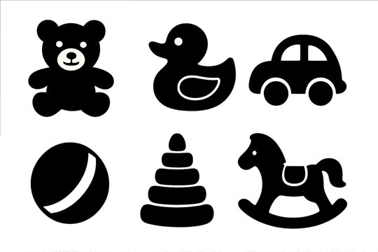 Simple black toy silhouette icon set. Vector collection for kids' design. Teddy bear, rocking horse, duck, car, ball, pyramid. Minimalist childhood graphic elements for playtime.