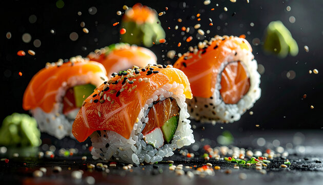 Delicious Japanese uramaki rolls with fresh salmon and cucumber captured in a dynamic levitation shot with wasabi