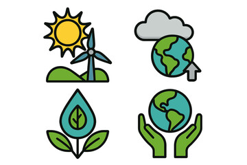 Set of nature icons for sustainability. Renewable energy, greenhouse gas, conservation concepts. Vector illustrations for green power, Earth Day, climate change, ecology.