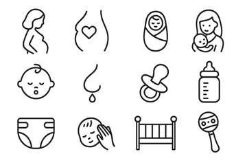 Pregnancy and baby care line icon set. Maternity, newborn, infant healthcare symbols. Motherhood, childcare, feeding pictogram collection. Vector outline illustration.