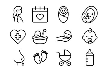 Maternity and newborn line icon collection. Pregnancy, childbirth, baby care vector set. Icons for mother, infant, fetus, breastfeeding, healthcare, stroller, bottle, pacifier.