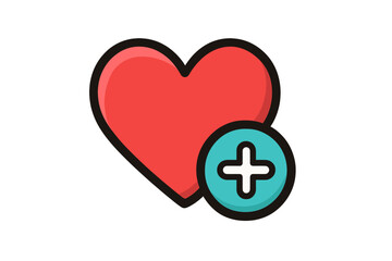 Heart with plus icon vector. Add to favorites, like, or wishlist symbol. Social media follow button. Love, health care, and donation concept. Modern flat cartoon illustration.