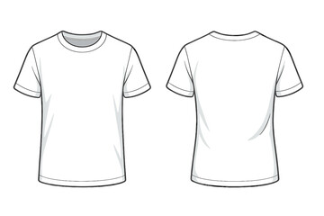 White T-shirt template vector mockup. Front and back view of blank tee shirt. Fashion design technical flat sketch for apparel. Isolated clothing illustration for print.