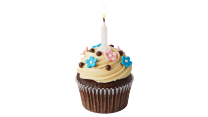 Celebrate with a delicious chocolate cupcake topped with a lit candle