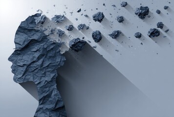 Crumpled paper forms a head in profile, disintegrating into floating fragments against a gradient blue backdrop, casting a long, dramatic shadow
