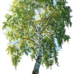 Fototapeta premium Tall birch tree with white bark and lush green leaves against a bright blue sky