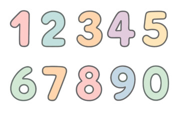 Vector set of hand drawn numbers in pastel colors. Cute cartoon digits 0-9 for kids education, learning to count, and mathematics. Isolated illustration for nursery room decor.