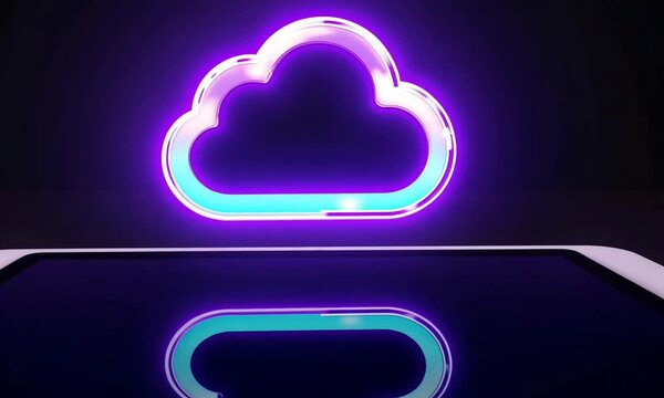 Glowing cloud icon above a tablet with a dark screen reflecting the cloud on the surface