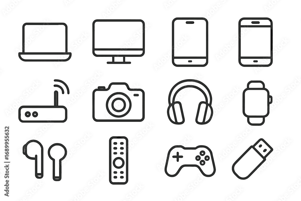 Poster technology electronics outline icon set. simple line pictogram collection of modern gadgets and devi