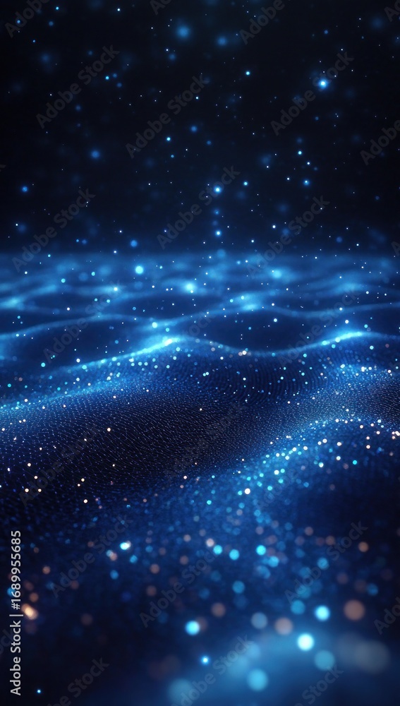 Poster Abstract glowing blue particle waves creating a sense of depth and cosmic energy in a dark space