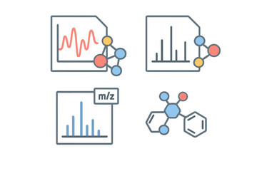Molecular analysis icon set. Spectroscopic method symbols for science. Vector collection of infrared, NMR, mass spectrometry m/z chart, and molecule structure icons for chemistry.