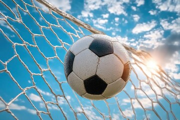 Close-up of a black and white soccer ball hitting the net against a blue sky with scattered clouds and sunlight