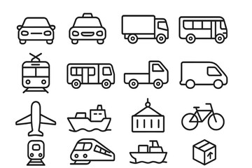 Transportation and logistics outline icon set. Vector collection of line symbols for transit, shipping, and delivery. Includes car, truck, bus, train, ship, and plane icons.