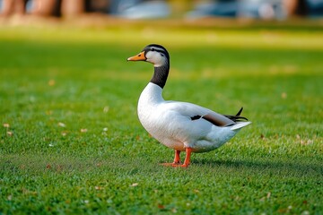 Obraz premium white duck with black markings standing on vibrant green grass in daylight