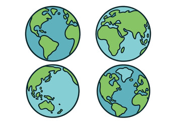 Earth globe icon set with different continent views. Planet Earth collection showing world map. Vector illustration for global business, ecology, and travel concepts. Flat design.