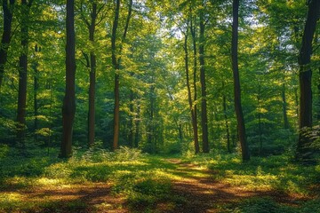 Sunlit forest path surrounded by tall green trees casting shadows on the leafy ground during daytime in a peaceful natural setting