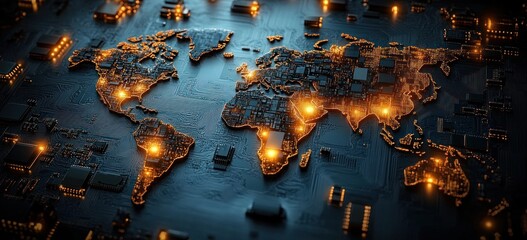 Futuristic digital world map with glowing orange circuitry and technological elements on a dark blue circuit board background creating a high-tech global network effect