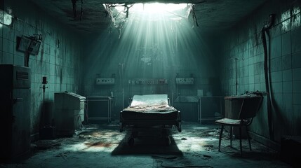 Abandoned hospital room with rusty medical bed under a hole in the ceiling letting streams of light illuminate the dark, decaying, and eerie space