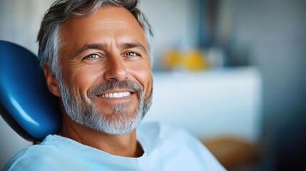 Smiling middle-aged man with gray hair and beard sitting relaxed in a dental chair in a bright clinic environment