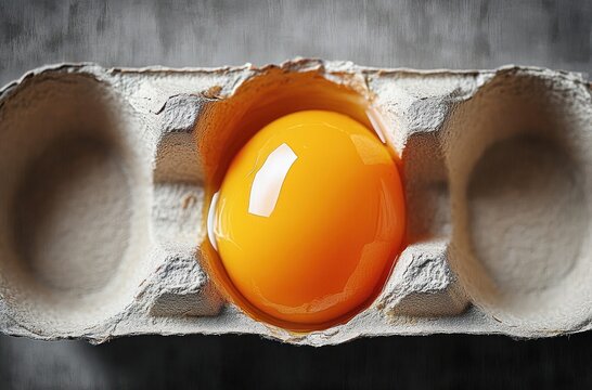 close-up of a single fresh egg yolk inside a torn cardboard egg carton compartment with textured gray background