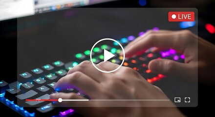 Streamer playing game online close up of hand typing on keyboard with colorful neon light, live streaming, gaming, esport, entertainment