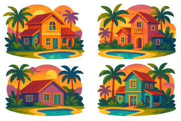 Vibrant tropical homes with swimming pools at sunset, colorful cartoon vector illustration set featuring lush palm trees, evening glow, landscaped gardens, and exotic paradise houses