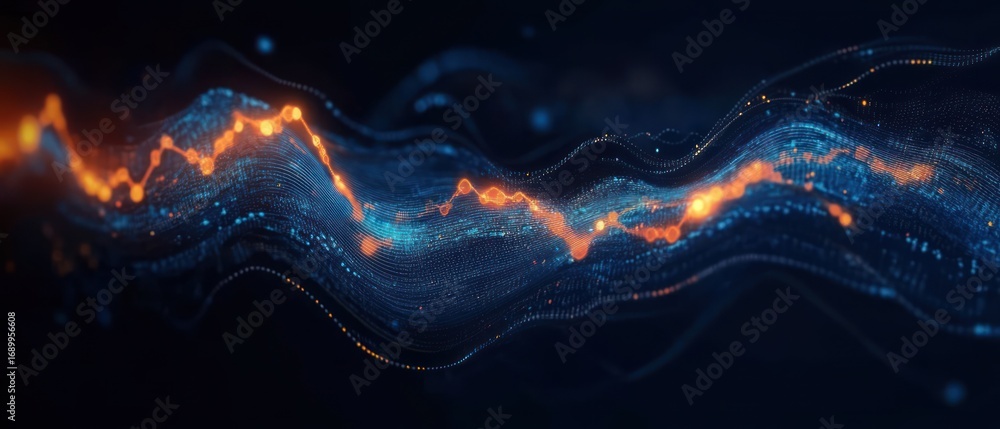 Poster dynamic glowing wave of data particles with blue and orange lights flowing in curved lines over dark