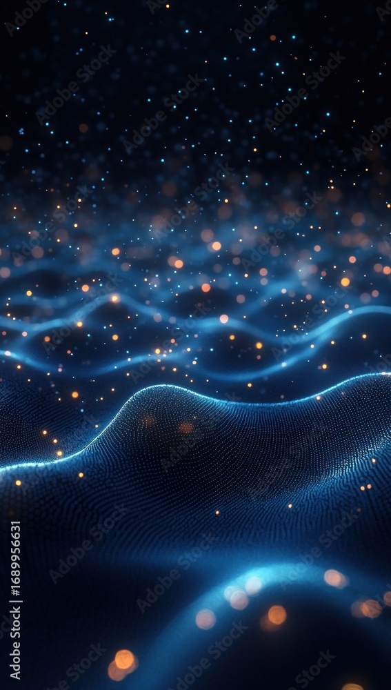 Poster abstract visualization of glowing blue wave-like digital grid with floating orange and blue particle