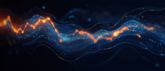 Dynamic glowing wave of data particles with blue and orange lights flowing in curved lines over dark background, depicting digital information and energy