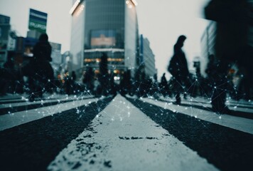Busy city street scene, crowds crossing with digital network overlayed on the crosswalk