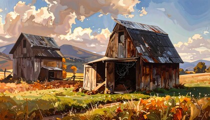 Rustic barns in autumnal field