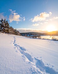 Winter sunrise over snowy landscape