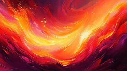 Abstract vibrant swirl of fiery red, orange, and yellow hues blending with deep purple and magenta tones, evoking dynamic energy and intense emotion