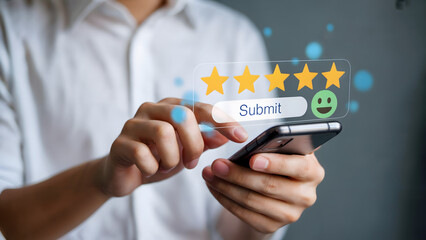 Customer giving five star rating using smartphone for feedback platform