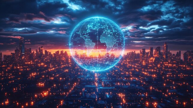 Glowing digital globe hovering over futuristic cityscape at sunset with illuminated buildings and dramatic cloudy sky - Powered by Adobe