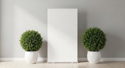 Empty White Roll Up Banner with Plants.