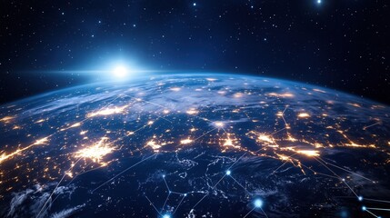 Earth's digital network illuminating continents from space with a rising sun beyond the horizon