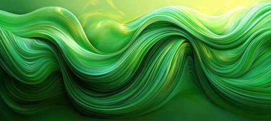 Flowing green abstract waves with smooth, silky texture and luminous highlights creating a dynamic and calming visual effect