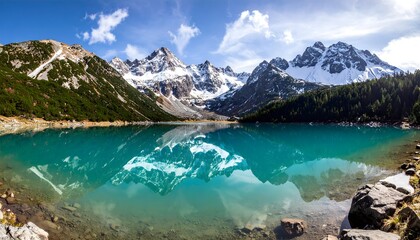 Crystal clear turquoise lake surrounded by snowy mountains