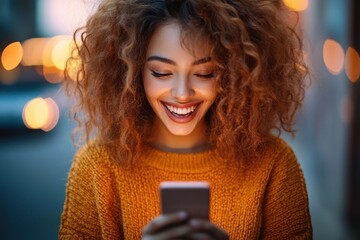 young woman with curly hair smiling joyfully while looking at her smartphone in the evening with warm city lights in the background
