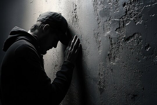 Man in dark hoodie and cap leaning against textured wall with head bowed and hands pressed to wall in a dimly lit setting expressing contemplation or distress - Powered by Adobe